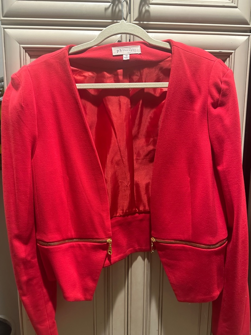 Philosophy Bright Red Open-Front Blazer with Gold Zips